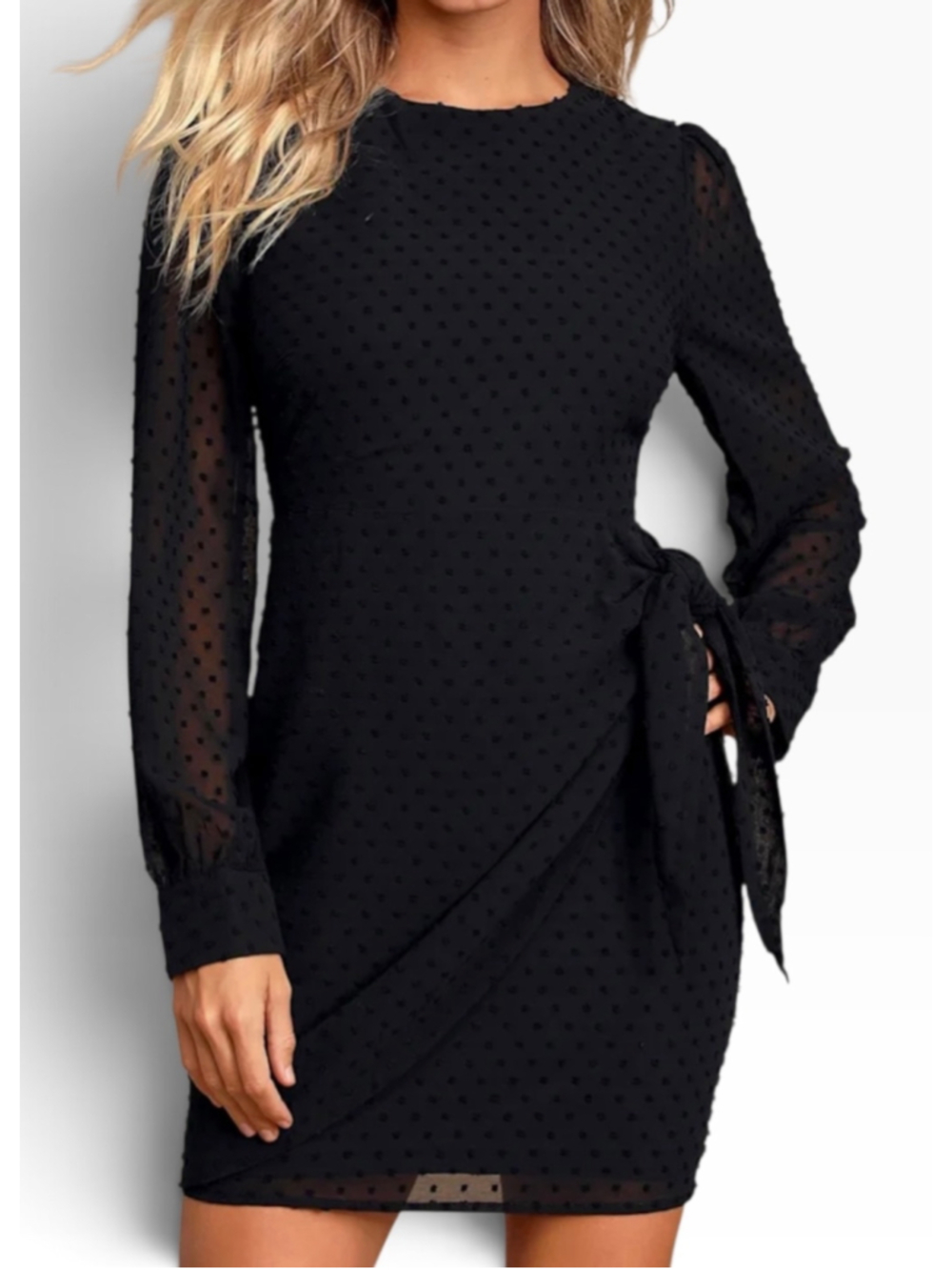 Lulus Black Swiss Dot Long Sleeve Mini Dress Size M